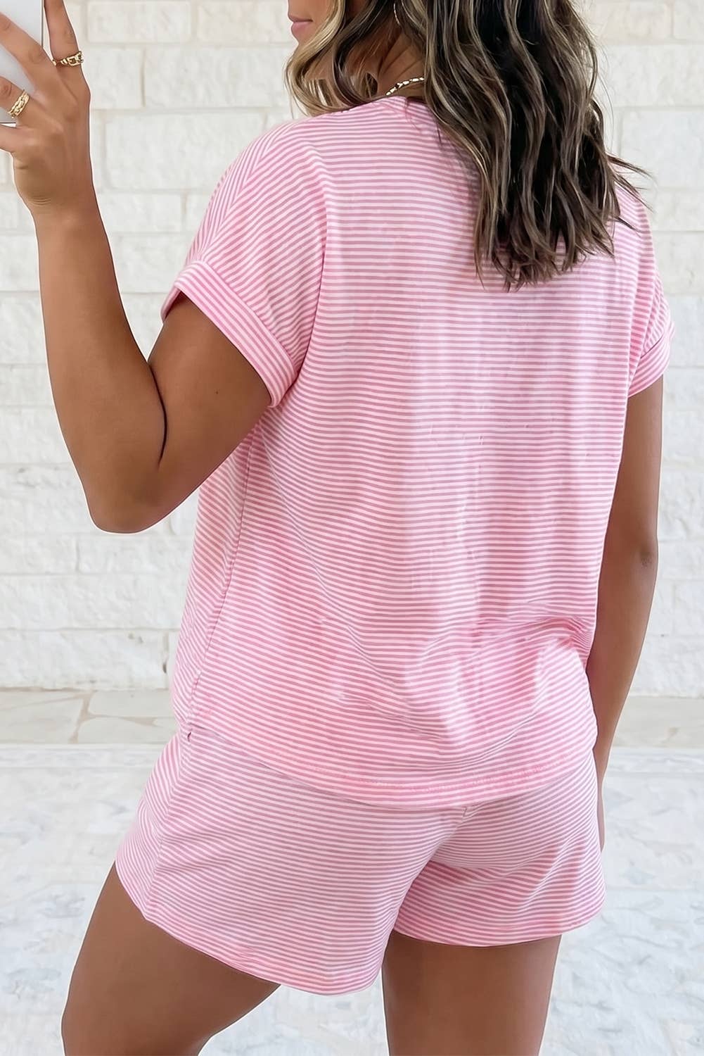 Pink Stripe Matching Short Sleeve Shorts Set