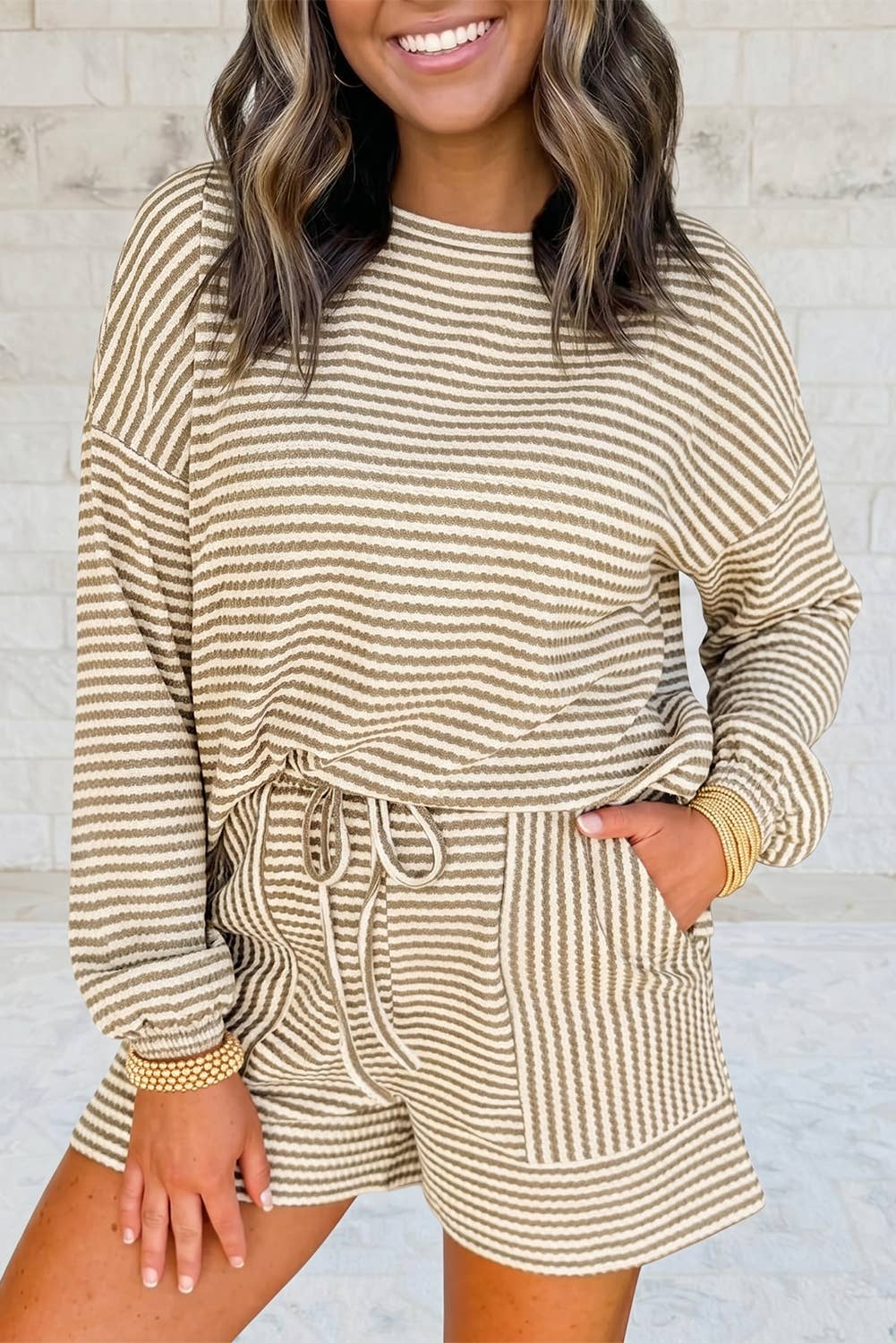 Striped Textured Knit Top and Short 2pc Sets