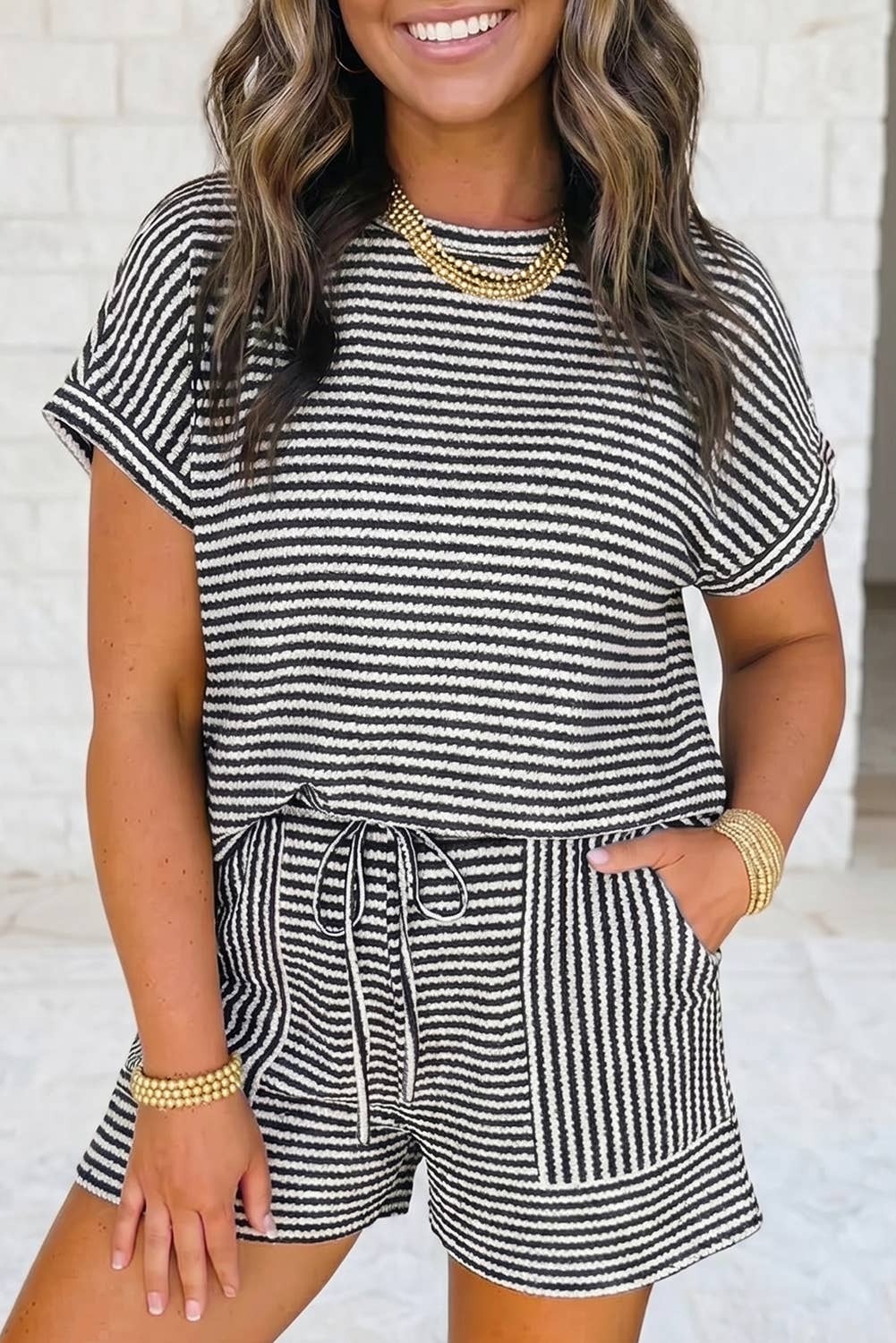Striped Textured Knit Top and Short 2pc Sets
