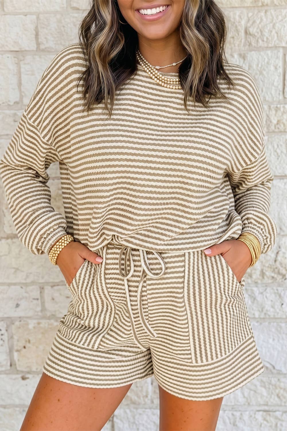 Striped Textured Knit Top and Short 2pc Sets
