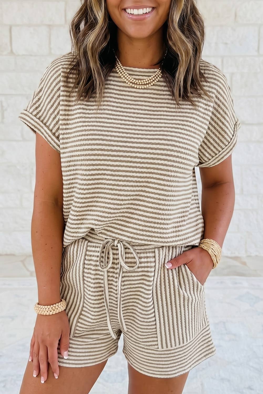 Striped Textured Knit Top and Short 2pc Sets