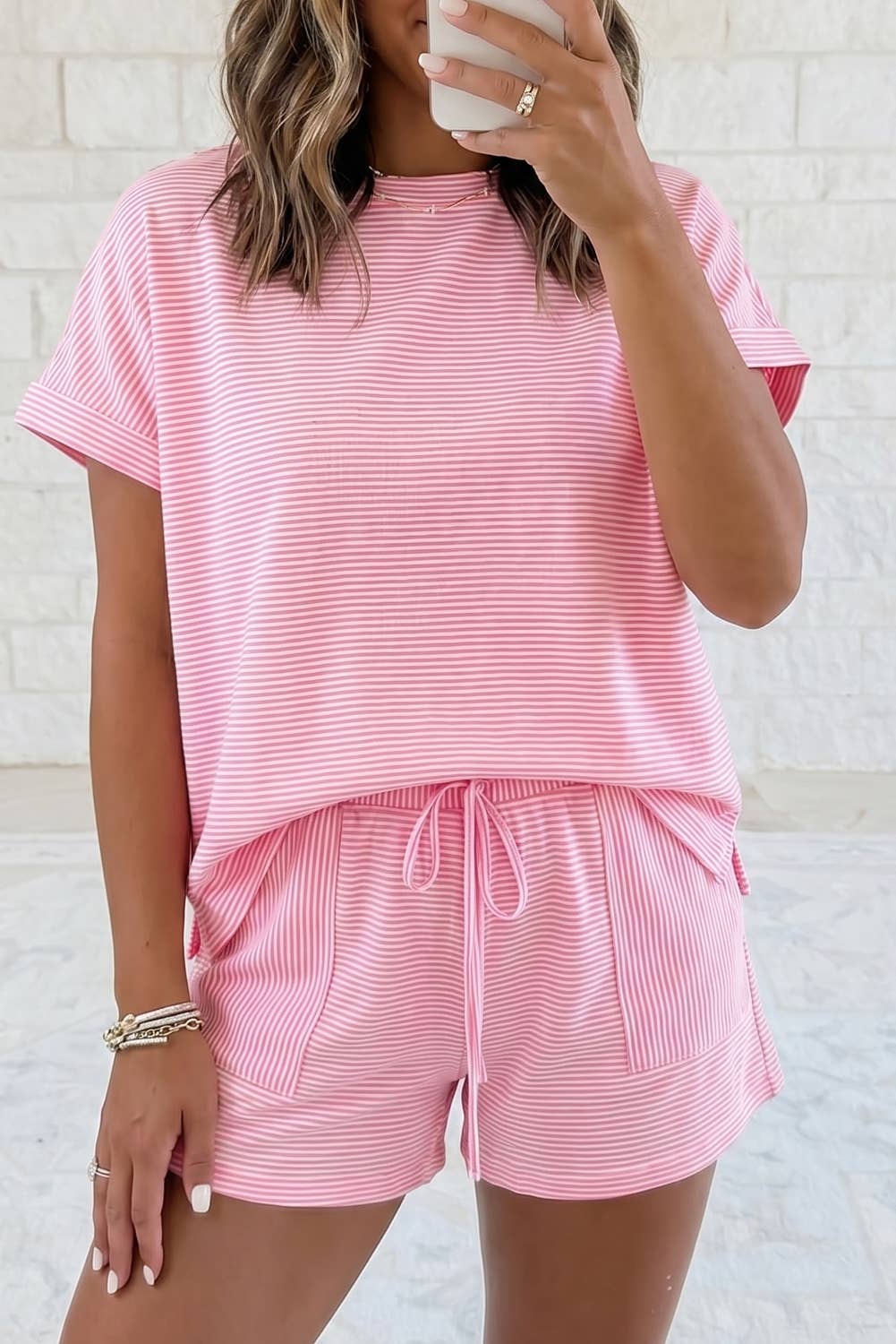 Pink Stripe Matching Short Sleeve Shorts Set