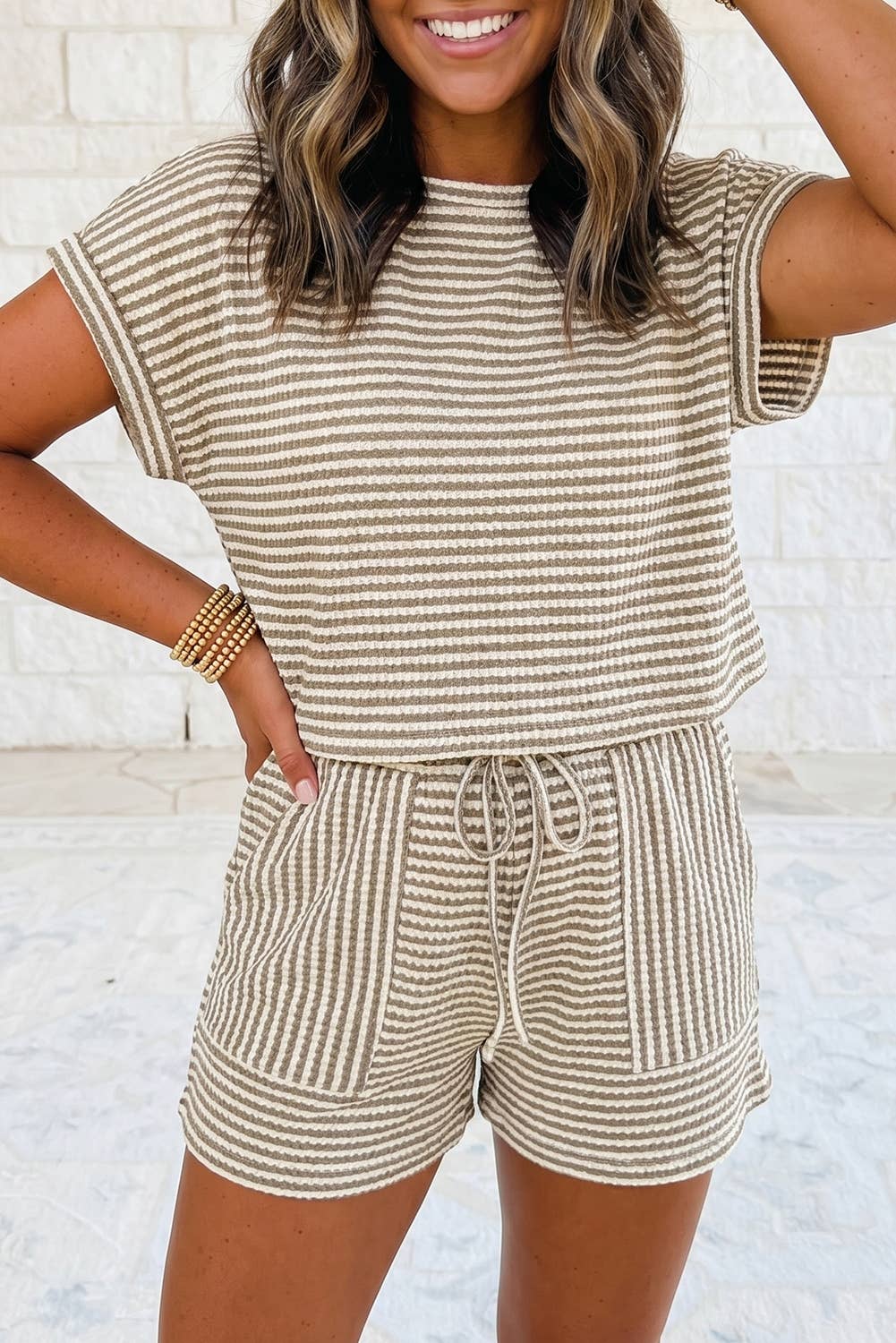 Striped Textured Knit Top and Short 2pc Sets