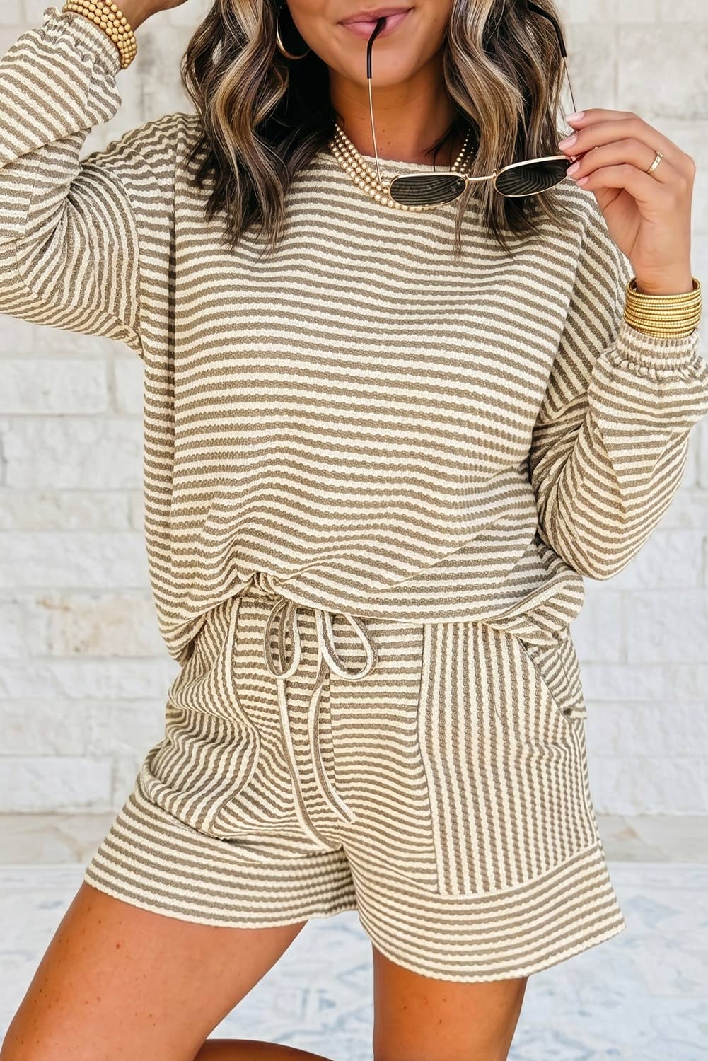 Striped Textured Knit Top and Short 2pc Sets