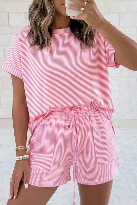 Pink Stripe Matching Short Sleeve Shorts Set