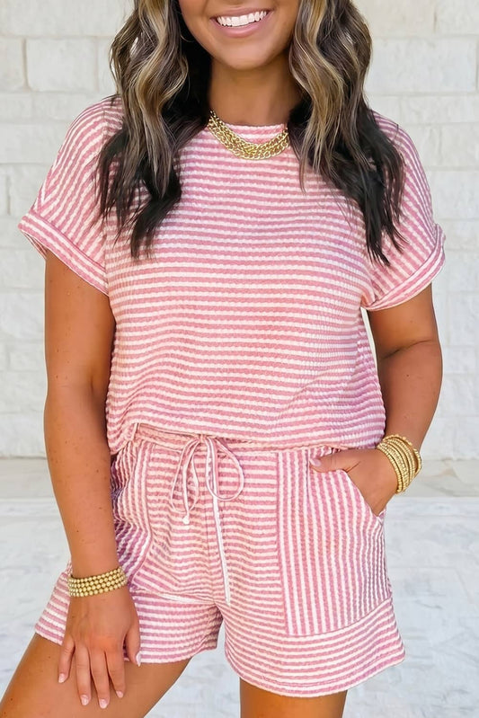 Striped Textured Knit Top and Short 2pc Sets