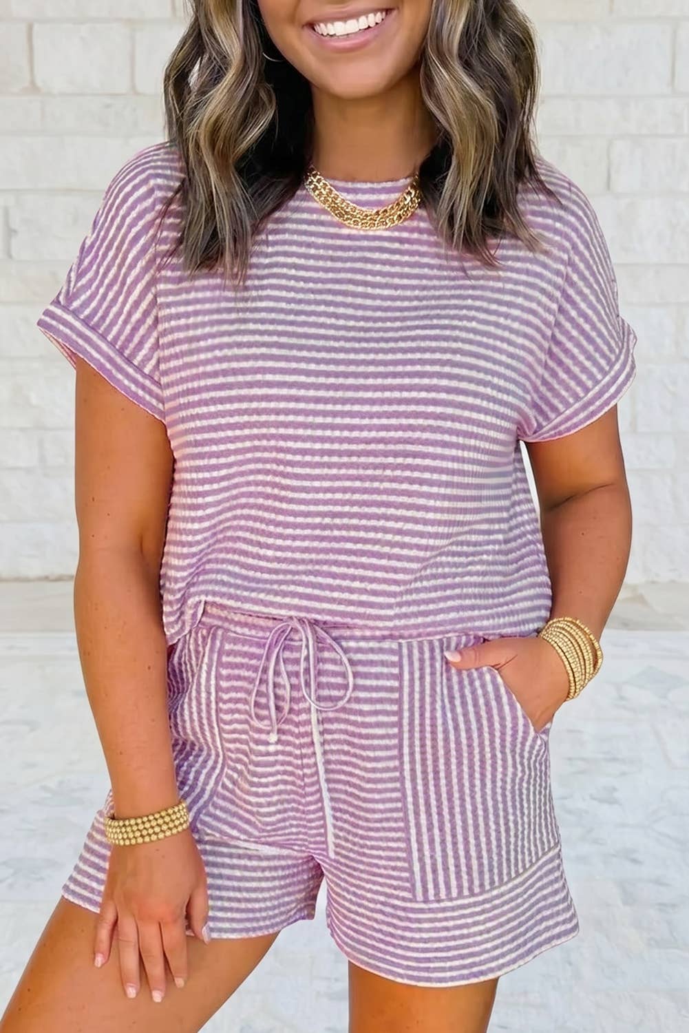 Striped Textured Knit Top and Short 2pc Sets